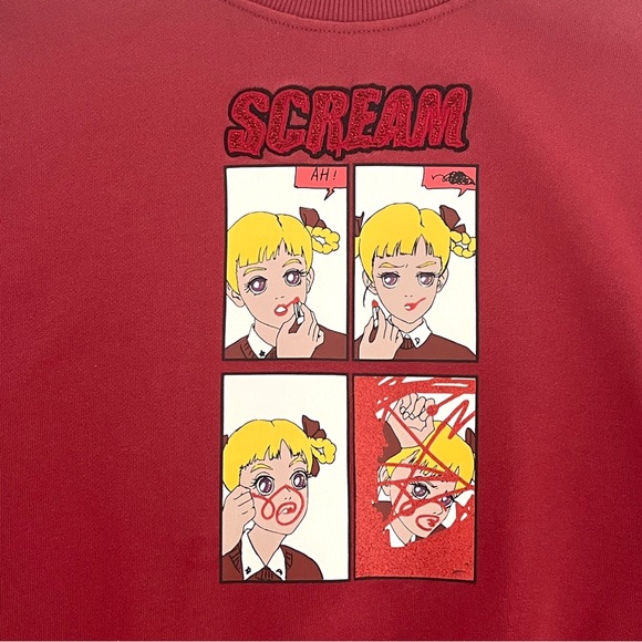 LEDIN Scream Printed Girl Red Crewneck sweatshirt Ruffle Cuff - Picture 3 of 10